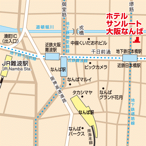 相鉄グランドフレッサ　大阪なんばへの概略アクセスマップ
