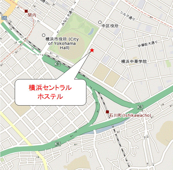 横浜セントラルホステルへの概略アクセスマップ
