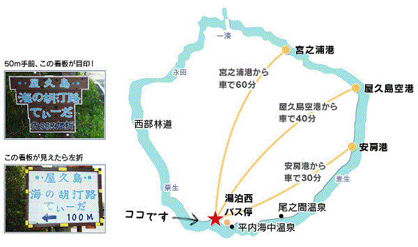 屋久島　海の胡汀路てぃーだ　＜屋久島＞への概略アクセスマップ