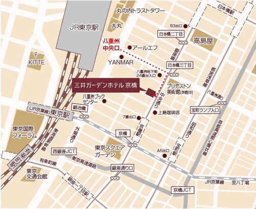 三井ガーデンホテル京橋への概略アクセスマップ
