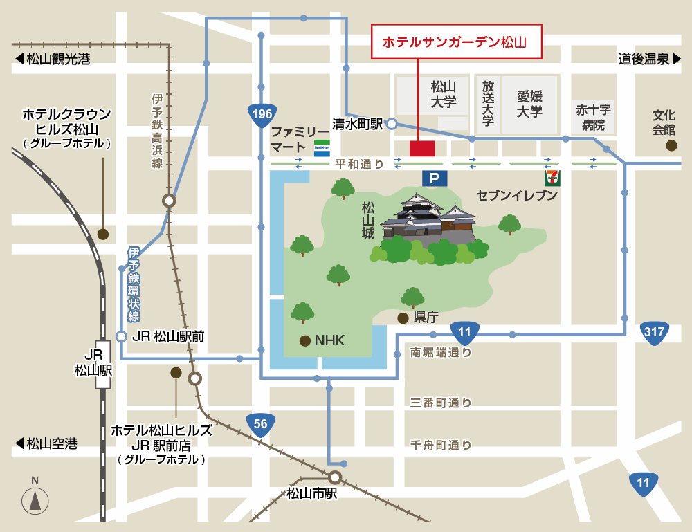 ホテルサンガーデン松山（ＢＢＨホテルグループ）への概略アクセスマップ