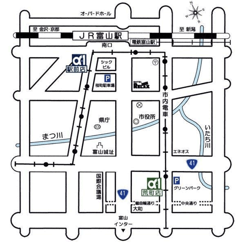 ホテルアルファーワン富山駅前への概略アクセスマップ