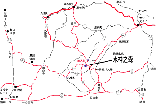 長湯温泉・水神之森への概略アクセスマップ