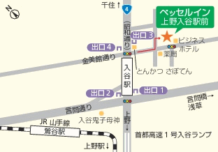 ベッセルイン上野入谷駅前（上野・入谷・鶯谷）への概略アクセスマップ
