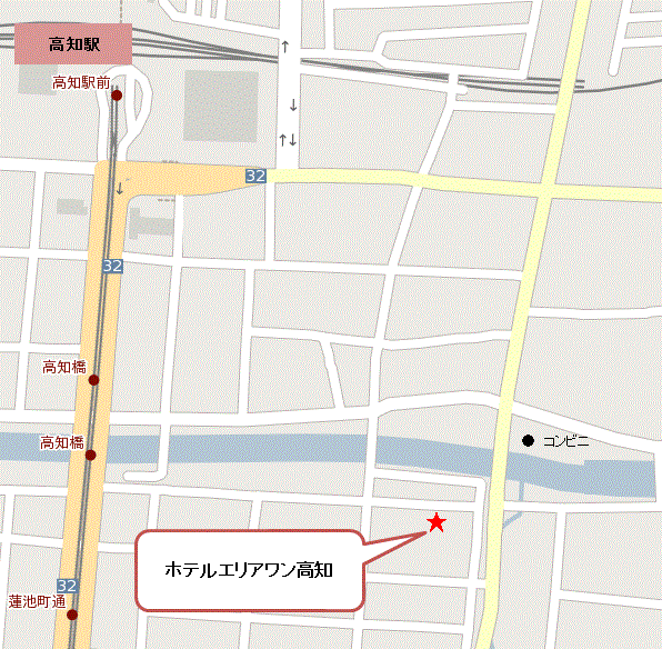ホテルエリアワン高知（ホテルエリアワングループ）への概略アクセスマップ