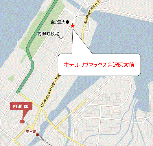 ホテルリブマックスＢＵＤＧＥＴ金沢医大前への概略アクセスマップ
