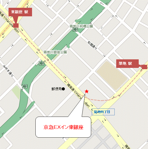 京急ＥＸイン　東銀座への概略アクセスマップ