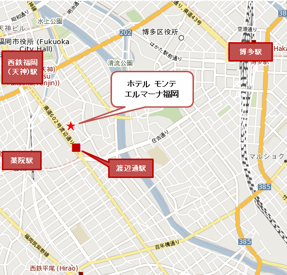 ホテル　モンテ　エルマーナ福岡（ホテルモントレグループ）への概略アクセスマップ