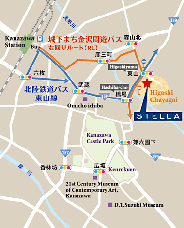 金沢ゲストハウス　ステラへの概略アクセスマップ