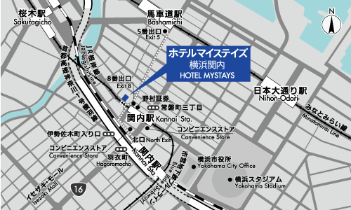 ホテルマイステイズ横浜関内への概略アクセスマップ