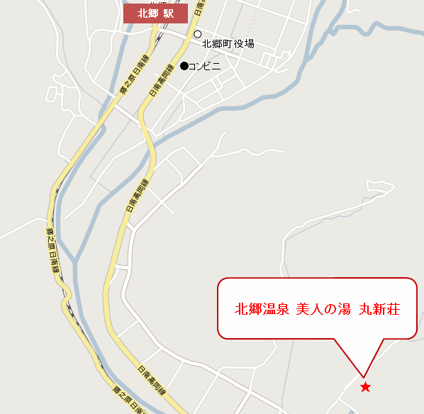 地図：北郷温泉　べっぴんの湯の宿　丸新荘