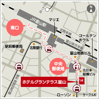 地図：ホテルグランテラス富山桜橋通り（ＢＢＨホテルグループ）
