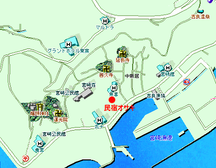 吉良温泉　民宿　オサキへの概略アクセスマップ