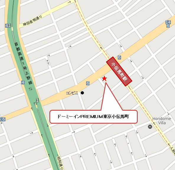 伝馬の湯　ドーミーインＰＲＥＭＩＵＭ東京小伝馬町（ドーミーイン・御宿野乃　ホテルズグループ）への概略アクセスマップ