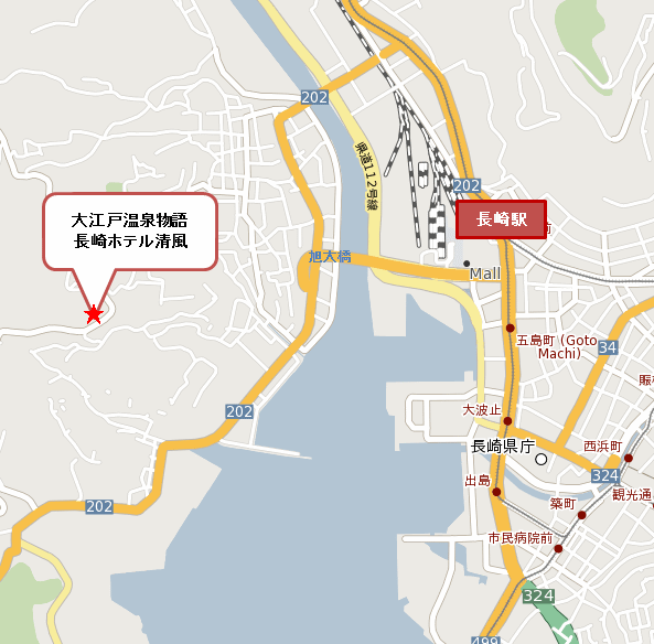 大江戸温泉物語　長崎ホテル清風への概略アクセスマップ