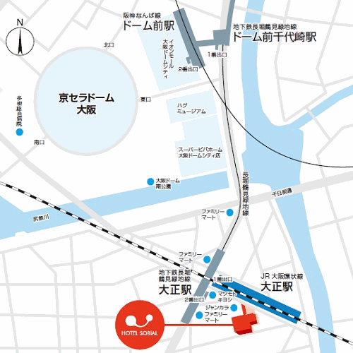ホテルソビアル大阪ドーム前への概略アクセスマップ
