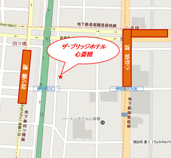 ブリッジホテル心斎橋への概略アクセスマップ