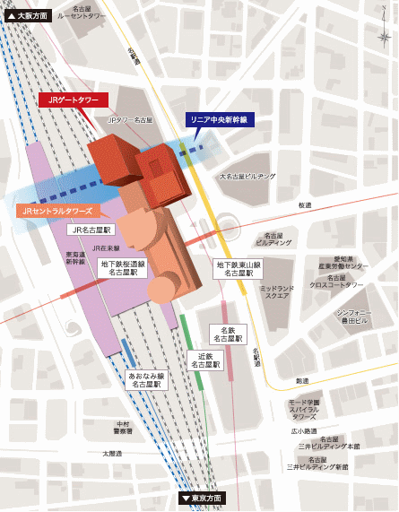 名古屋ＪＲゲートタワーホテルへの概略アクセスマップ