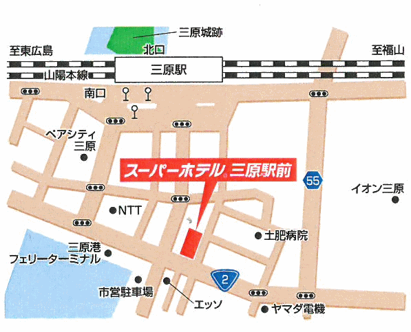 天然温泉「浮城の湯」スーパーホテル三原駅前の地図画像