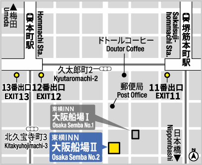東横ＩＮＮ大阪船場２への概略アクセスマップ