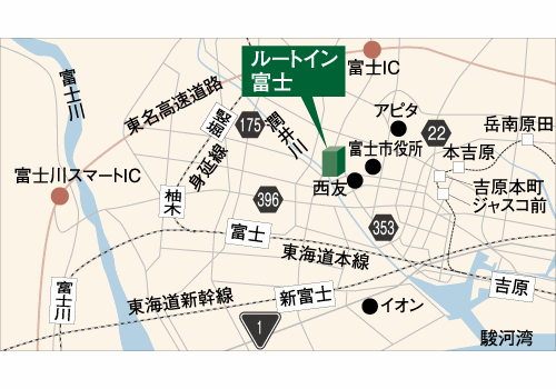 ホテルルートイン富士中央公園東への概略アクセスマップ