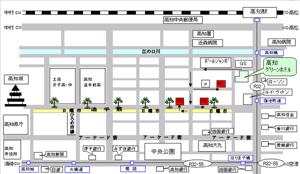 高知グリーンホテル　はりまや橋への概略アクセスマップ
