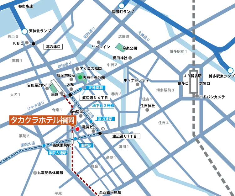 タカクラホテル福岡への概略アクセスマップ