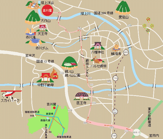 奥飯坂　穴原温泉　匠のこころ　吉川屋への概略アクセスマップ