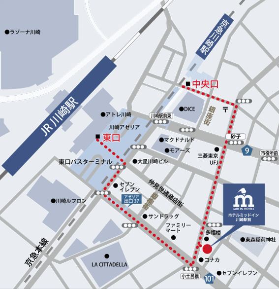 ホテルミッドイン川崎駅前への概略アクセスマップ