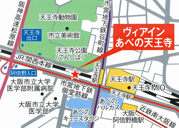 ヴィアインあべの天王寺（ＪＲ西日本グループ）への概略アクセスマップ