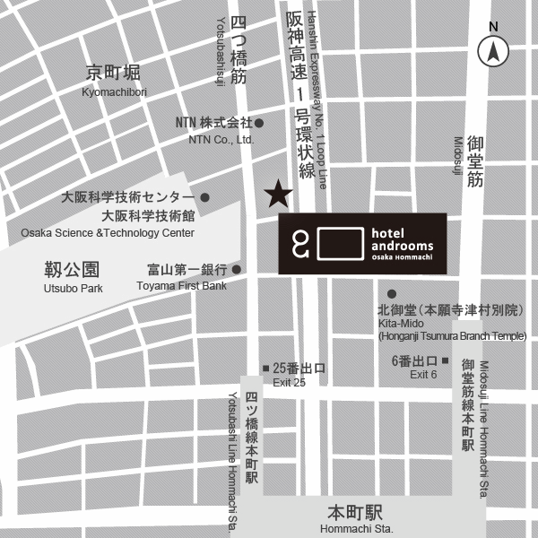 ホテル・アンドルームス大阪本町への概略アクセスマップ