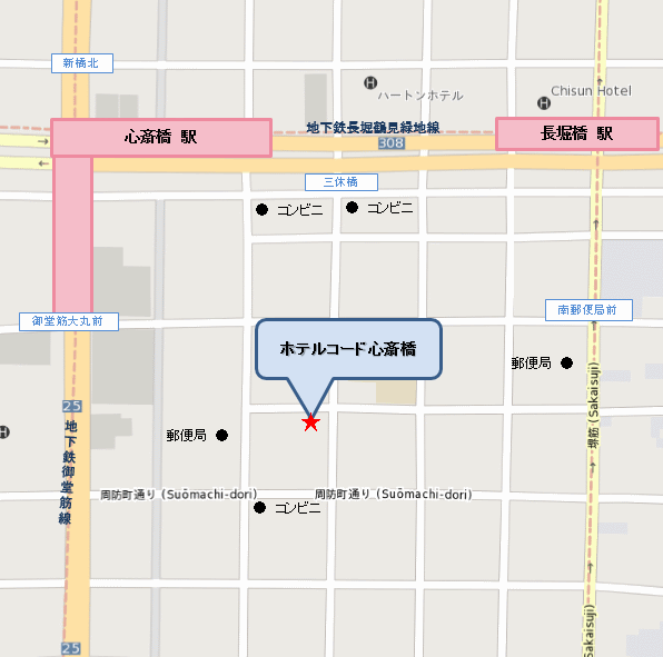ホテルコード心斎橋への概略アクセスマップ