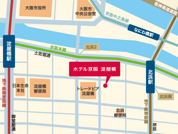 ホテル京阪　淀屋橋への概略アクセスマップ