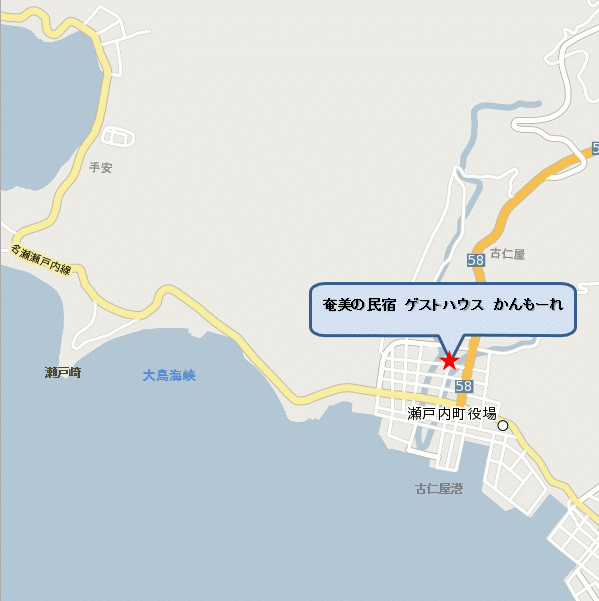 奄美の民宿　ゲストハウスかんもーれ＜奄美大島＞への概略アクセスマップ