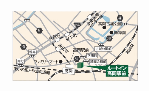 ホテルルートイン高岡駅前への概略アクセスマップ