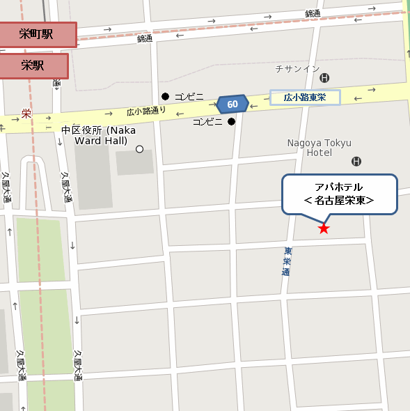 アパホテル〈名古屋栄東〉への概略アクセスマップ