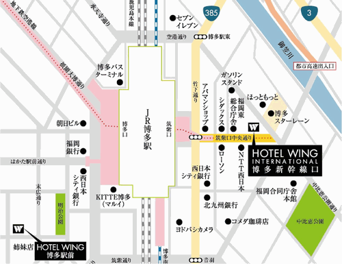 ホテルウィングインターナショナル博多新幹線口への概略アクセスマップ