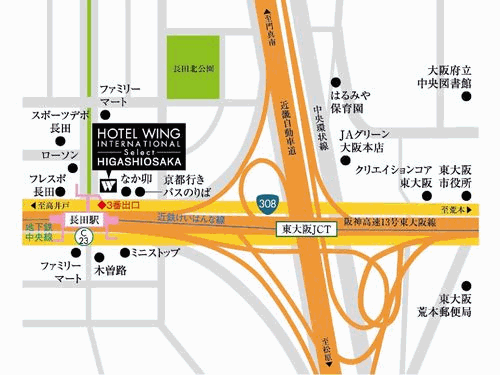 ホテルウィングインターナショナルセレクト東大阪への概略アクセスマップ