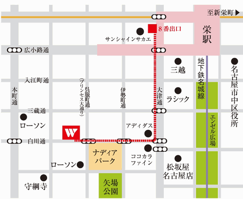 ホテルウィングインターナショナルセレクト名古屋栄への概略アクセスマップ