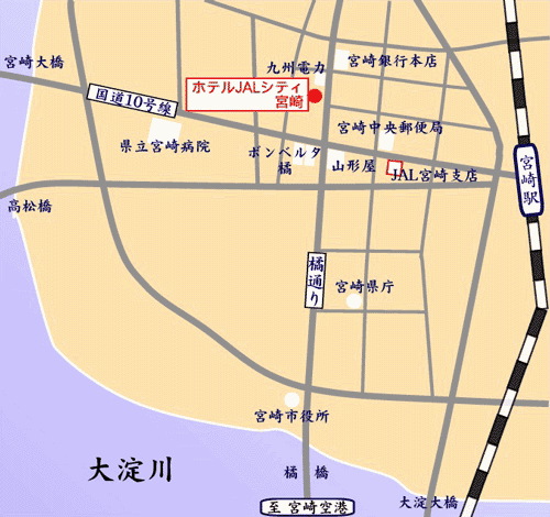 ホテルＪＡＬシティ宮崎への概略アクセスマップ