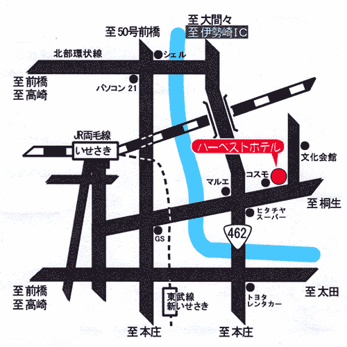 伊勢崎ハーベストホテルへの概略アクセスマップ