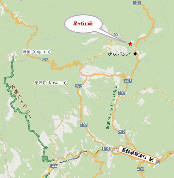 尻焼温泉　星ヶ岡山荘への概略アクセスマップ