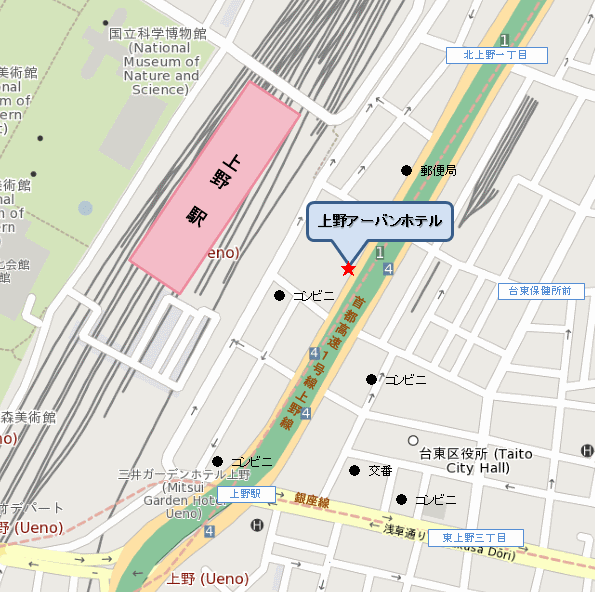 上野アーバンホテルへの概略アクセスマップ