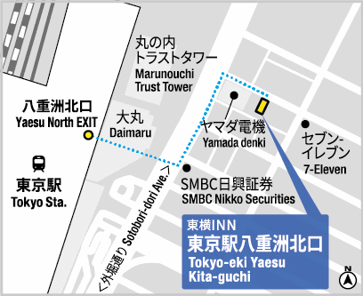 東横ＩＮＮ東京駅八重洲北口への概略アクセスマップ