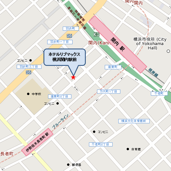 ホテルリブマックス横浜関内駅前への概略アクセスマップ
