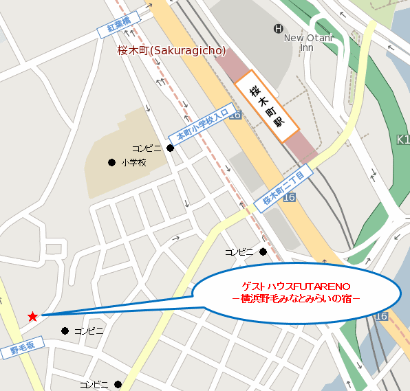 ゲストハウスＦＵＴＡＲＥＮＯ－横浜野毛みなとみらいの宿－への概略アクセスマップ