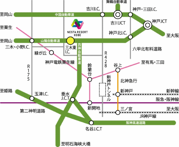 ネスタリゾート神戸　ＧＬＡＭＰ　ＢＢＱ　ＰＡＲＫへの概略アクセスマップ