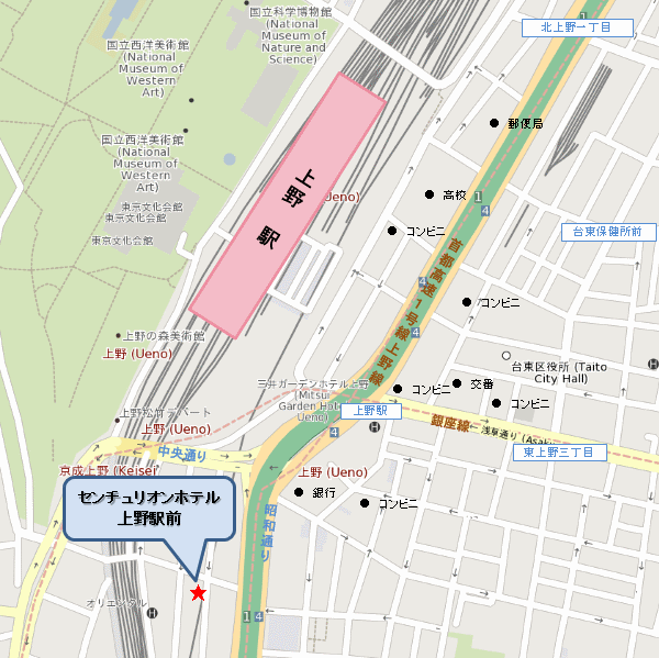 センチュリオンホテル＆スパ上野駅前への概略アクセスマップ