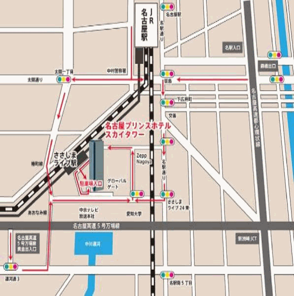 名古屋プリンスホテル　スカイタワーへの概略アクセスマップ