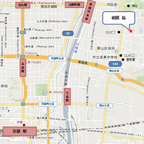 祇園　紘への概略アクセスマップ
